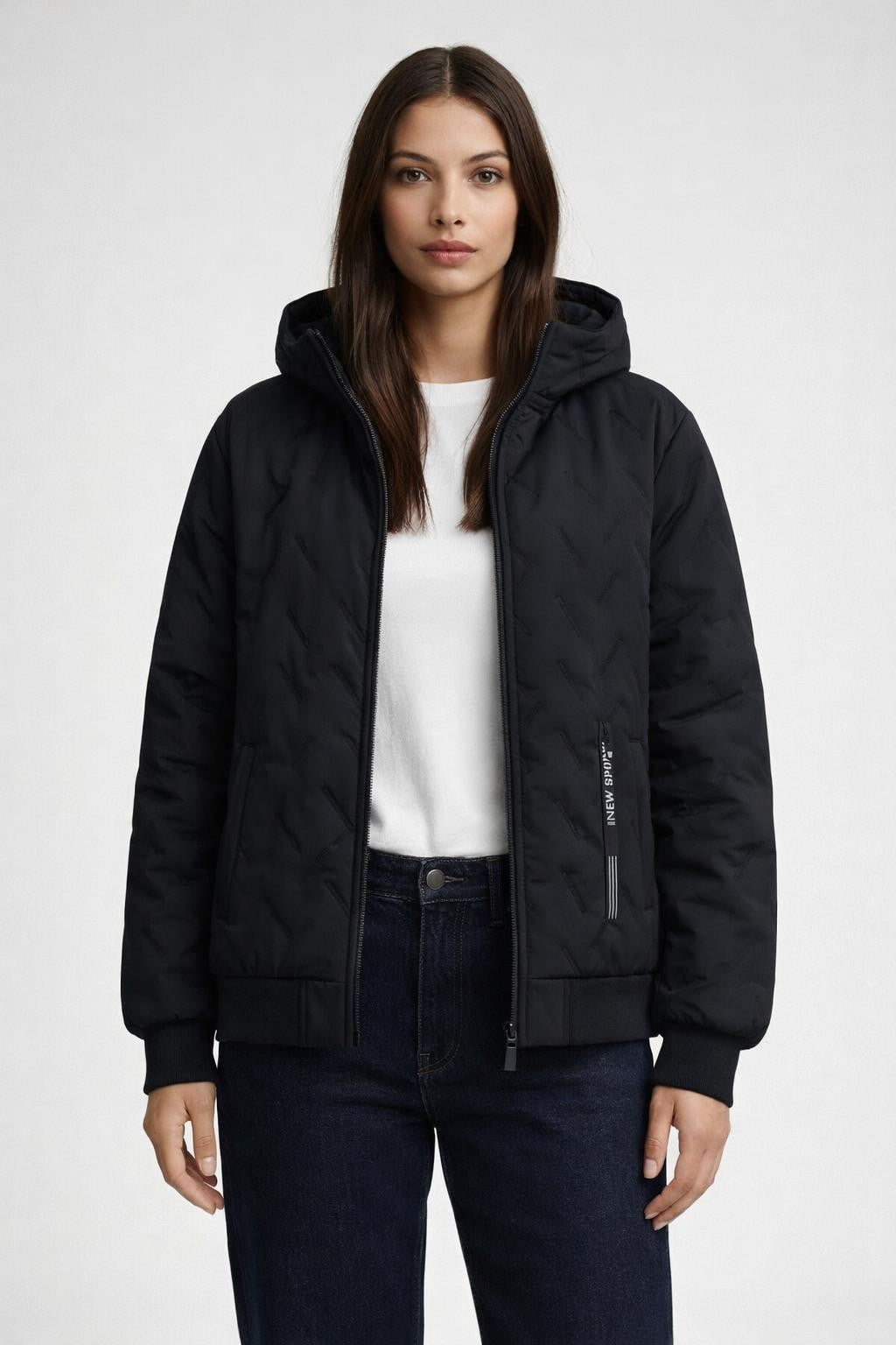 Lightweight Fleece-Lined Jacket with Stand Collar - Black
