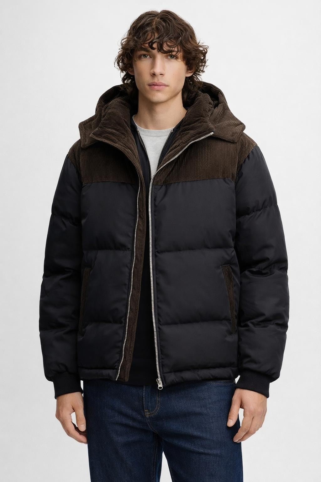 Plus Size Colorblock Winter Jacket - Black