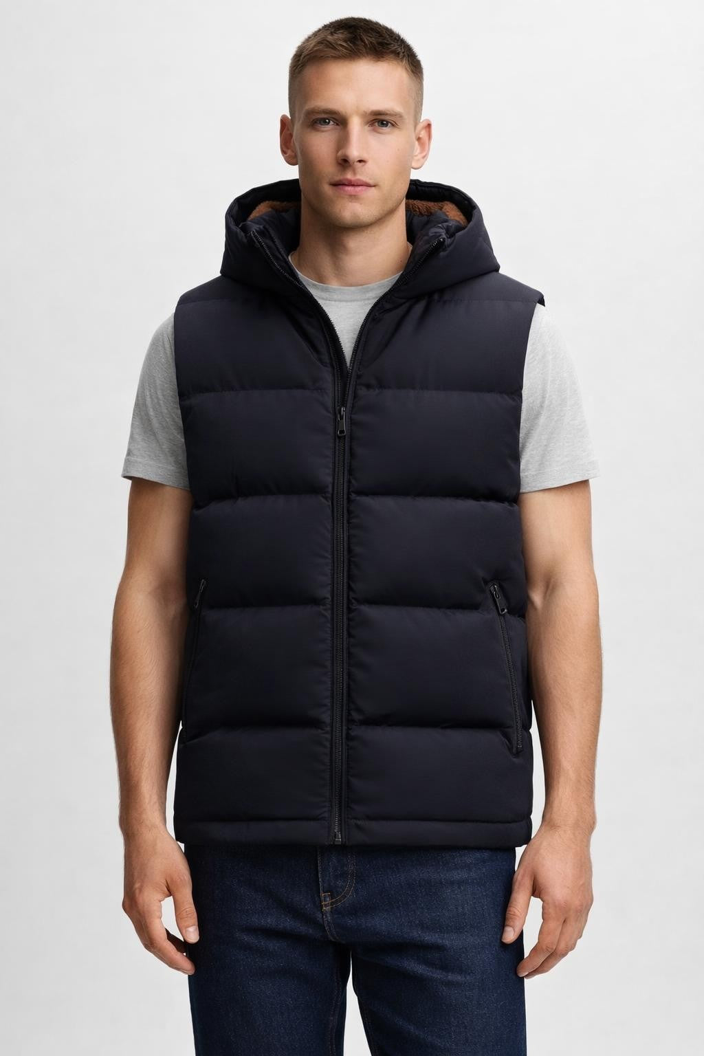 Men's Thick Sleeveless Vest with Stand Collar - Black