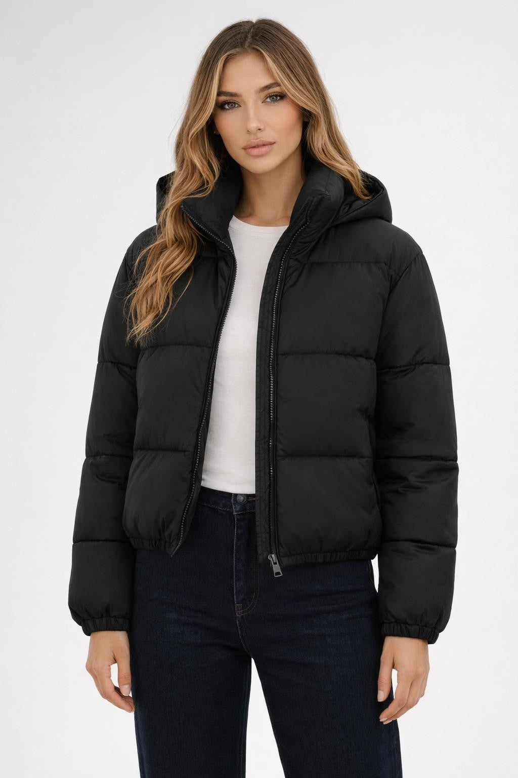 Puffer Jacket with Stand Collar - Black