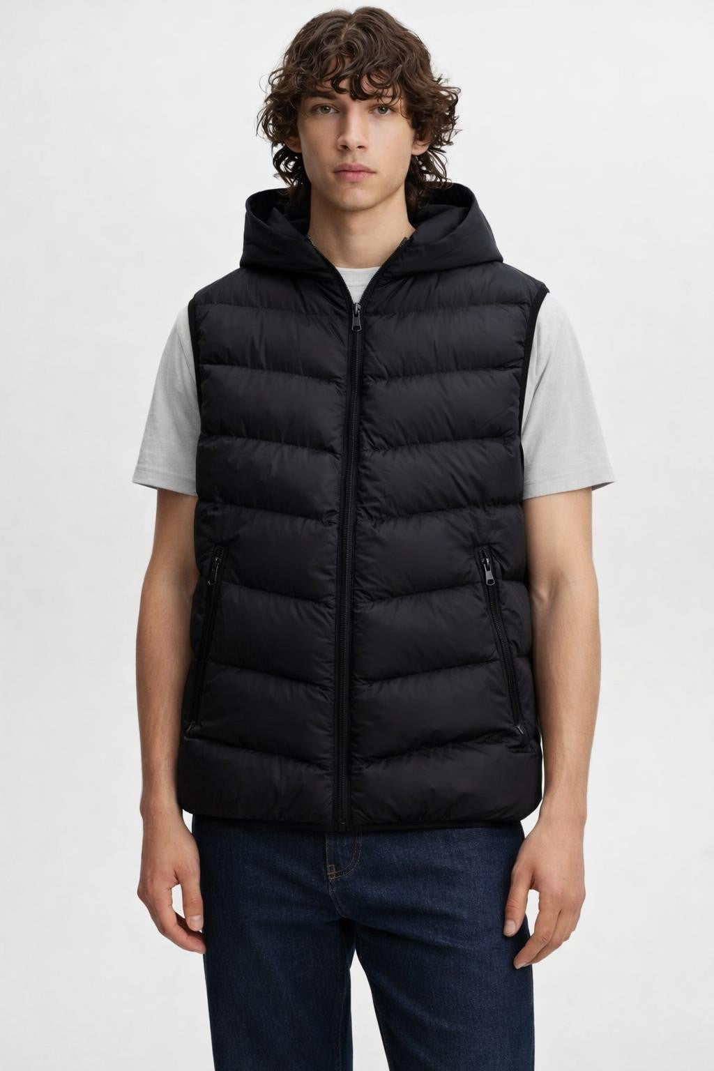 Men's Insulated Zip-Up Vest with Stand Collar - Black