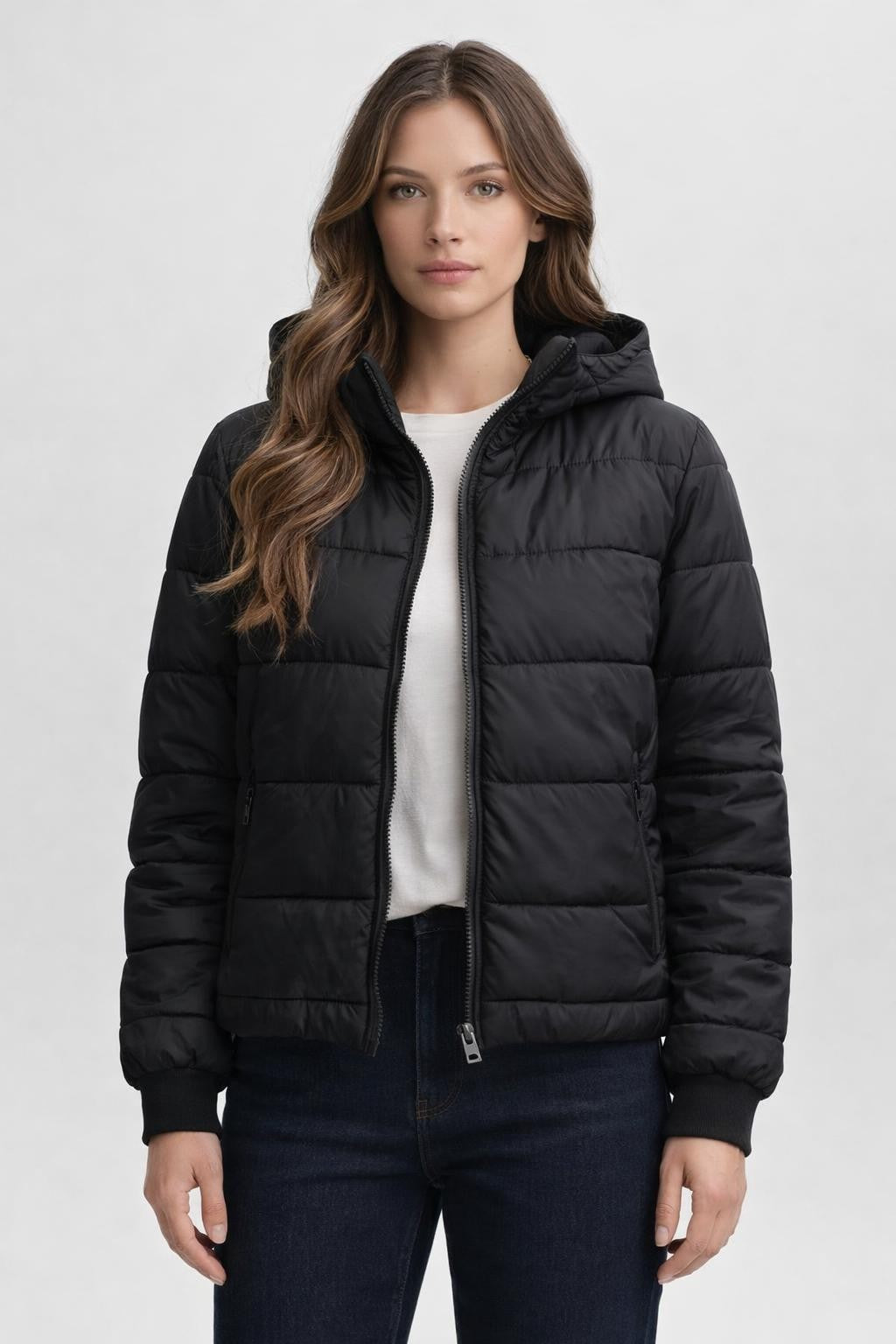 Quilted Winter Jacket with Full Zipper - Black