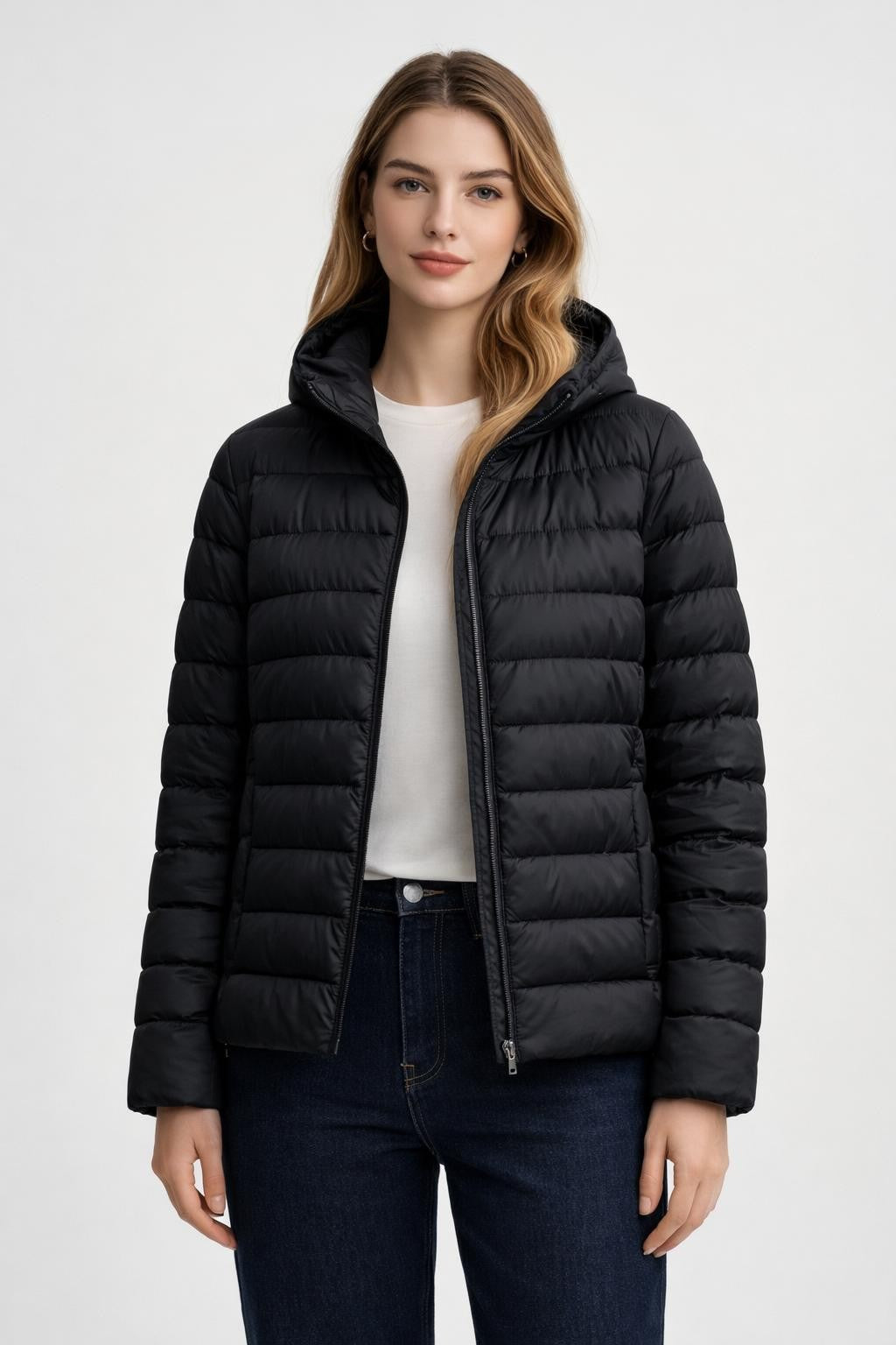 Padded White Down Winter Jacket - Black