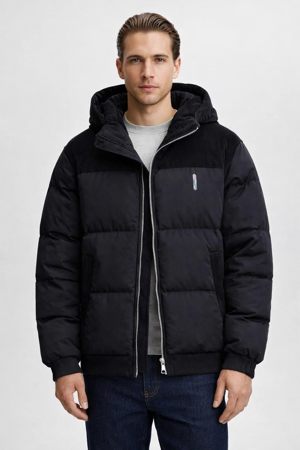 Quilted Colorblock Winter Jacket - Black