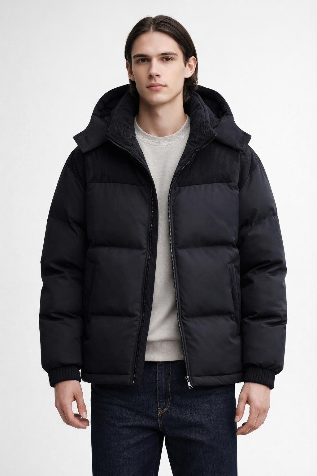 Colorblock Hooded Jacket with Plush Fill - Black