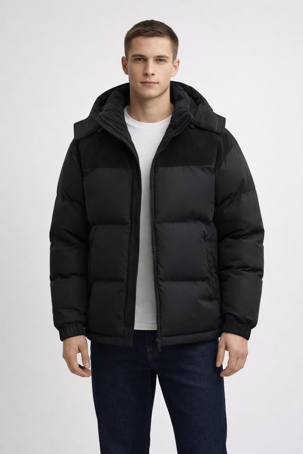 Puffer Jacket with Removable Hood - Black