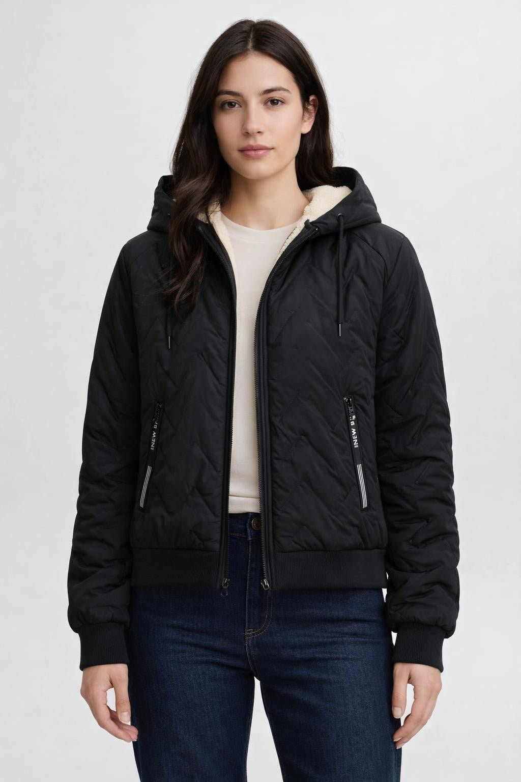 Quilted Winter Jacket with Lamb Fleece - Black
