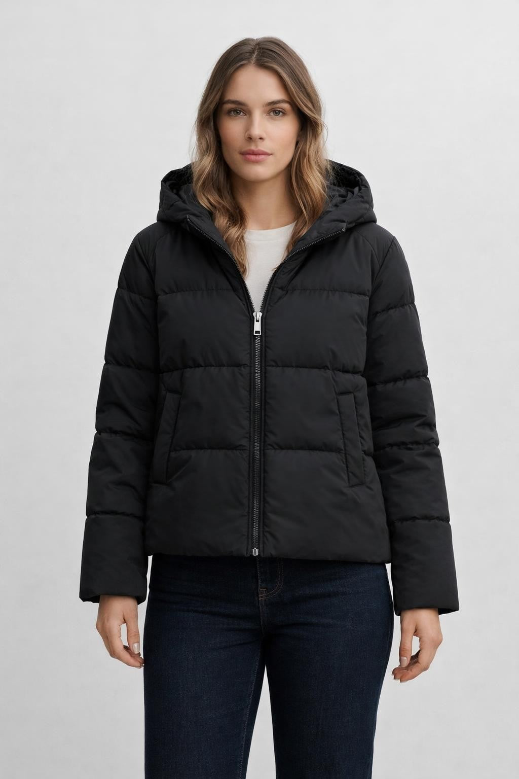 Padded Zip-Up Hoodie Jacket - Black