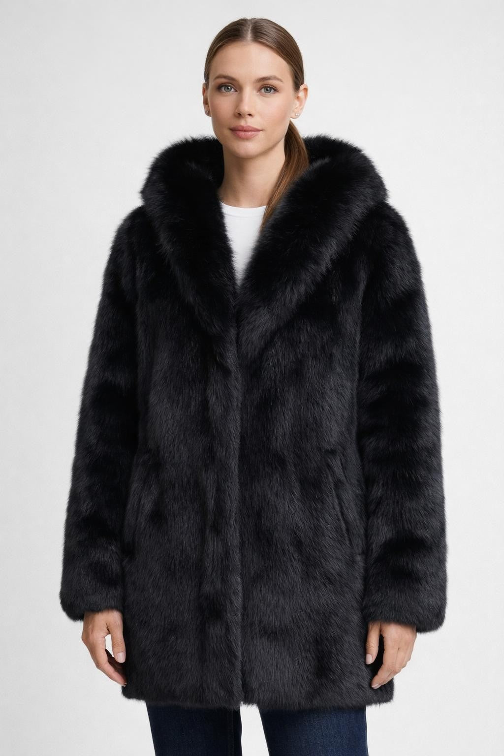 Mid-Length Coat with Shawl Collar - Black