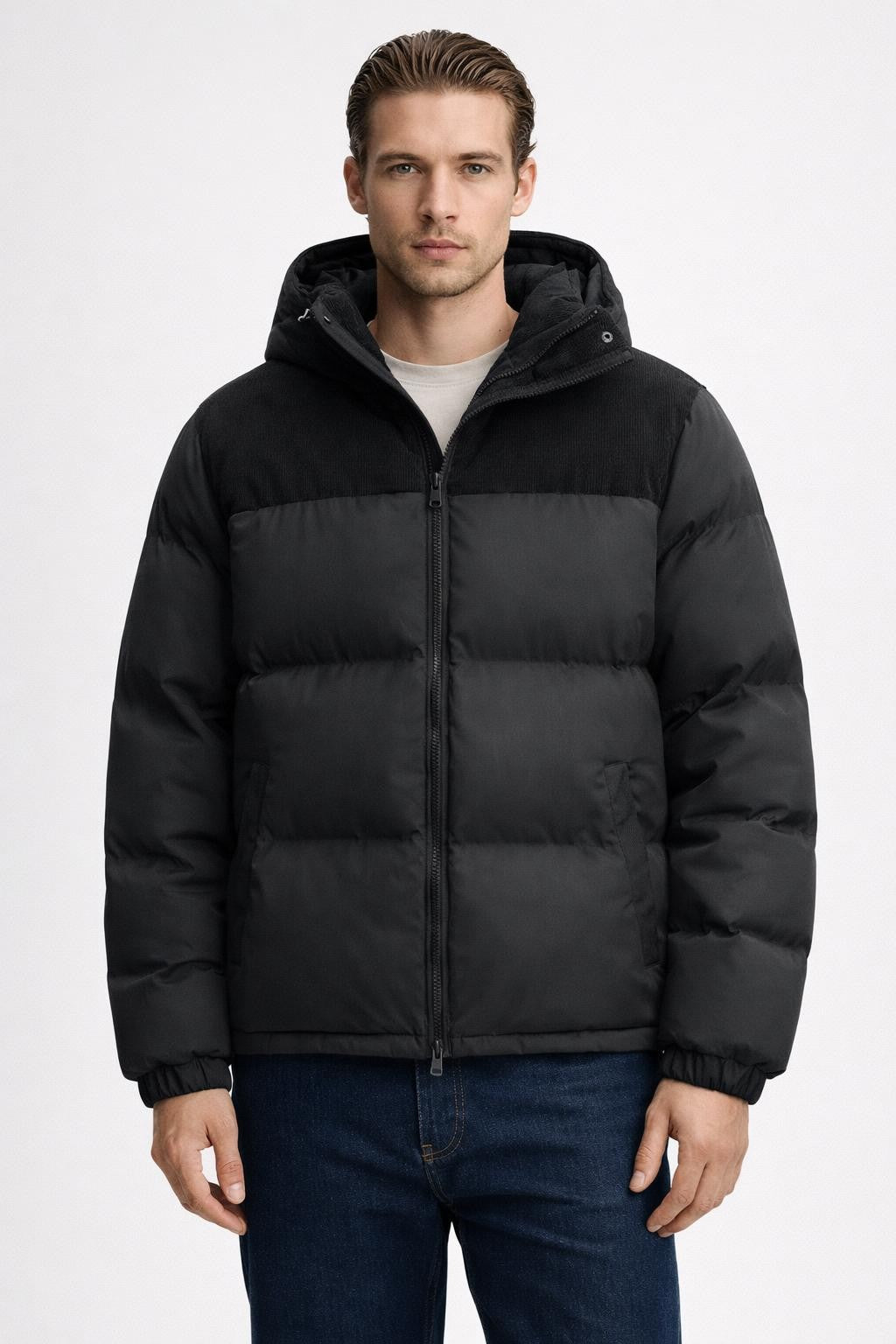 Colorblock Puffer Jacket with Removable Hood - Black
