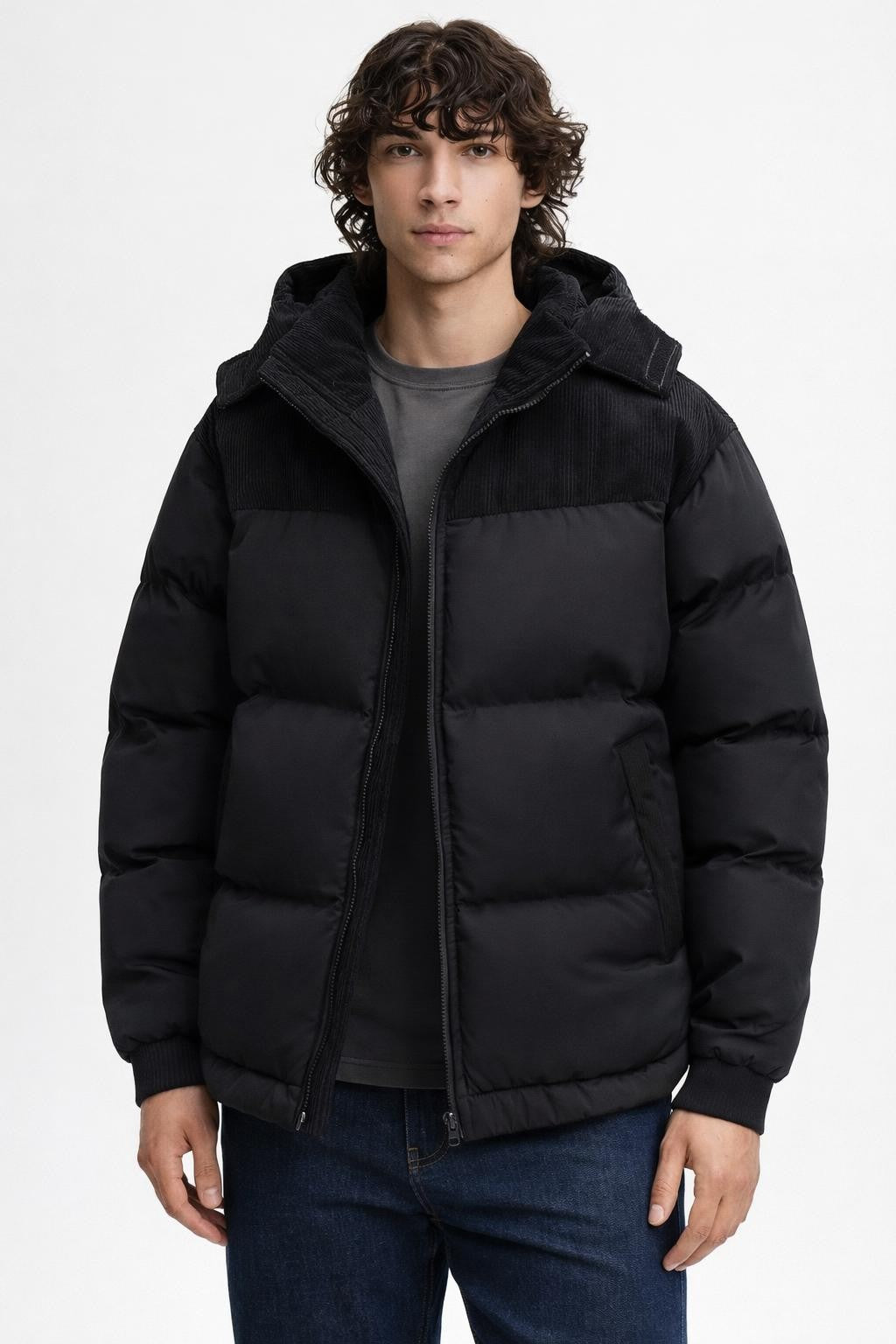 Men's Color Block Winter Jacket - Black