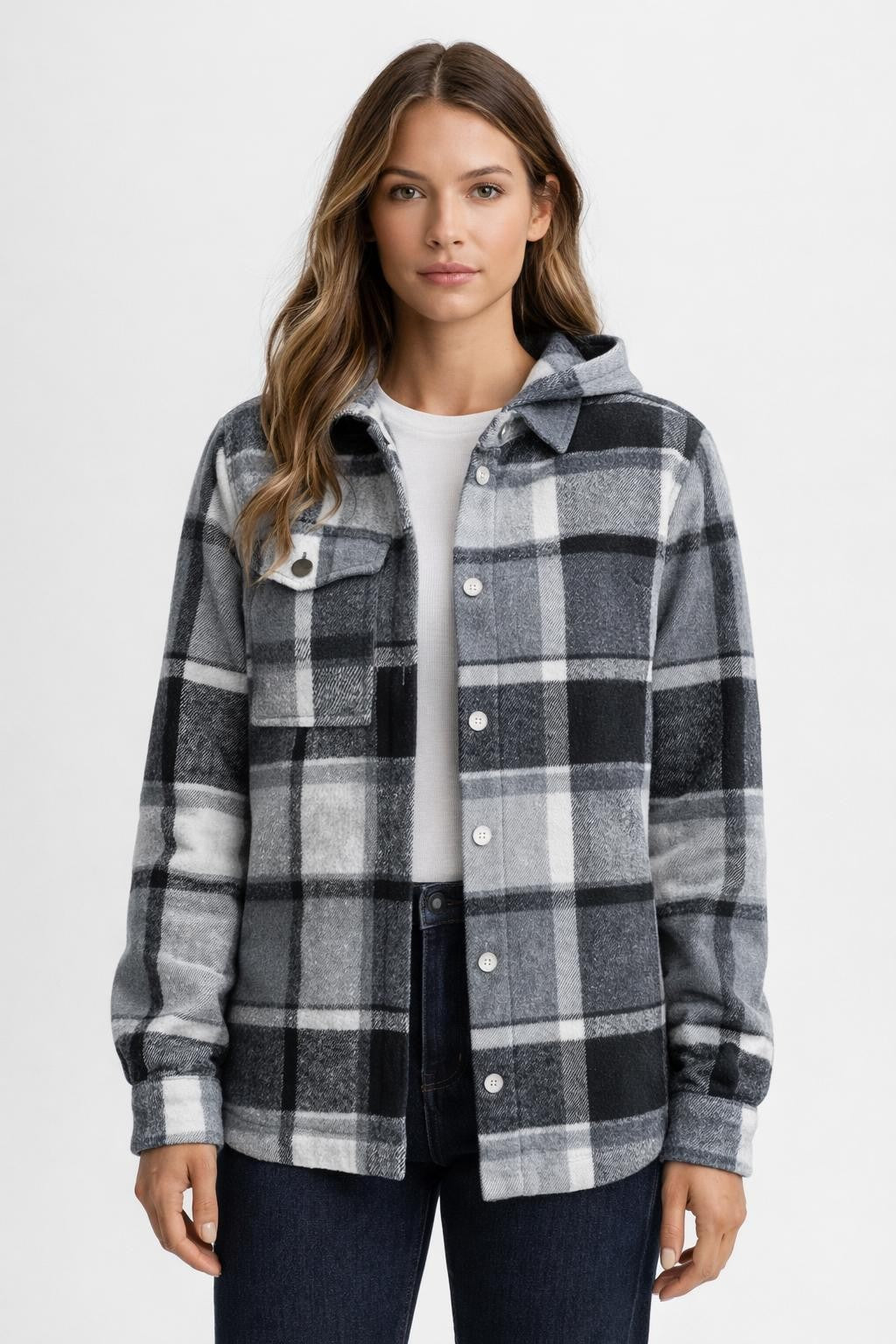 Checked Fleece-Lined Hooded Shirt Jacket - Blue Check