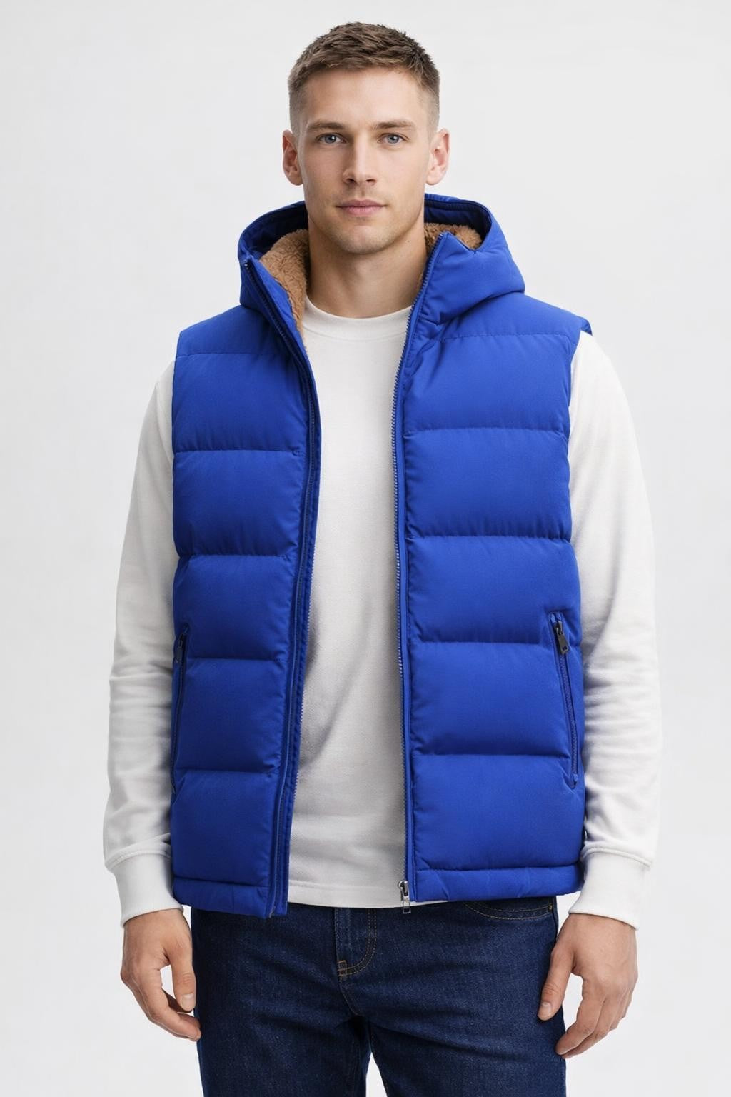 Men's Thick Sleeveless Vest with Stand Collar - Blue