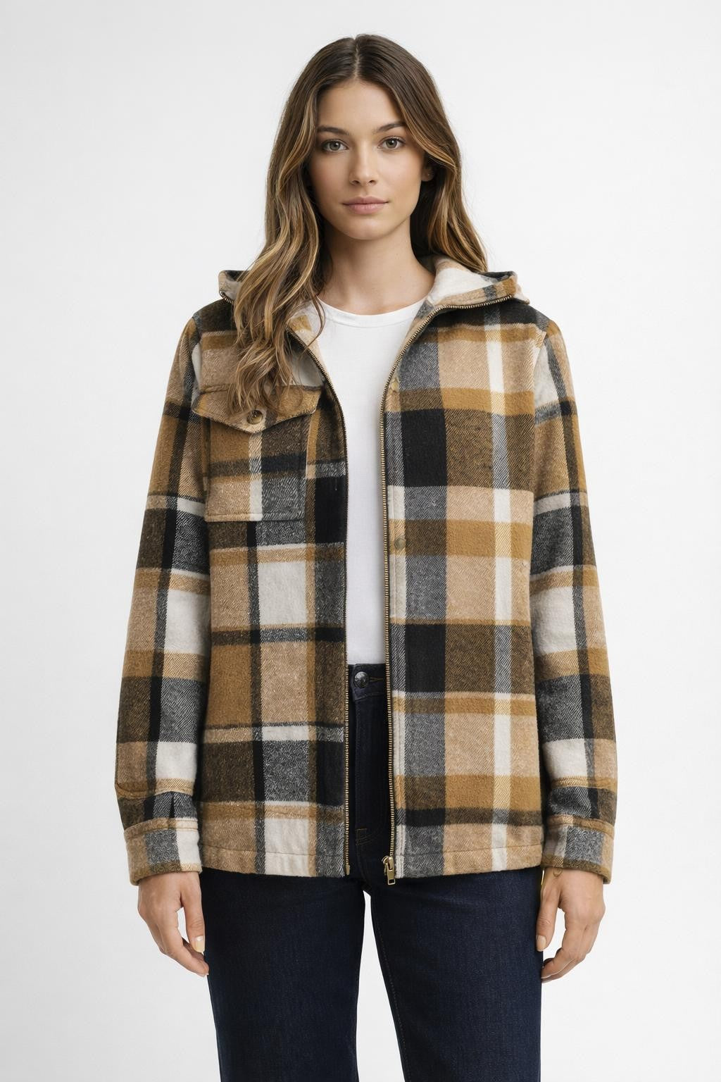 Checked Fleece-Lined Hooded Shirt Jacket - Brown Check
