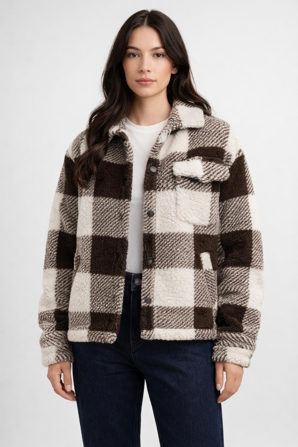 Casual Checked Collar Jacket - Brown White