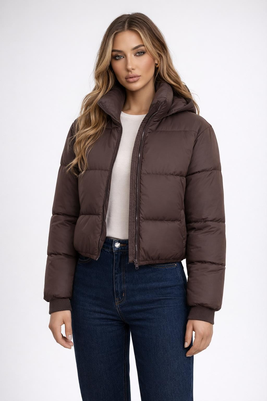 Puffer Jacket with Stand Collar - Brown