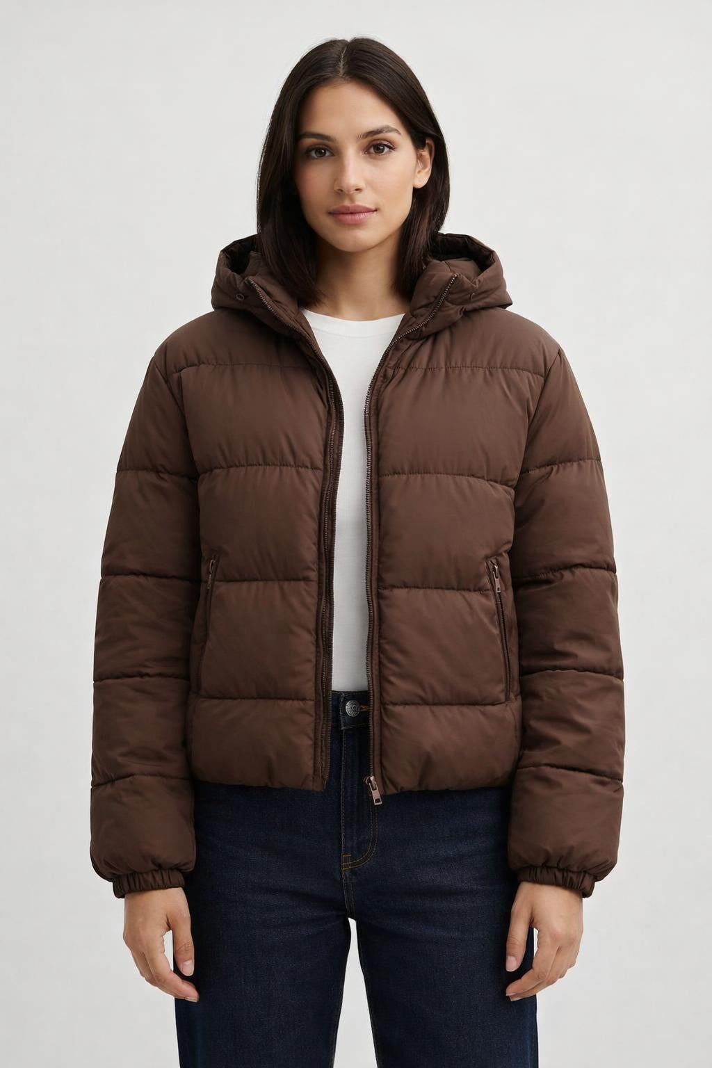 Casual Zip-Up Jacket with Pockets - Brown