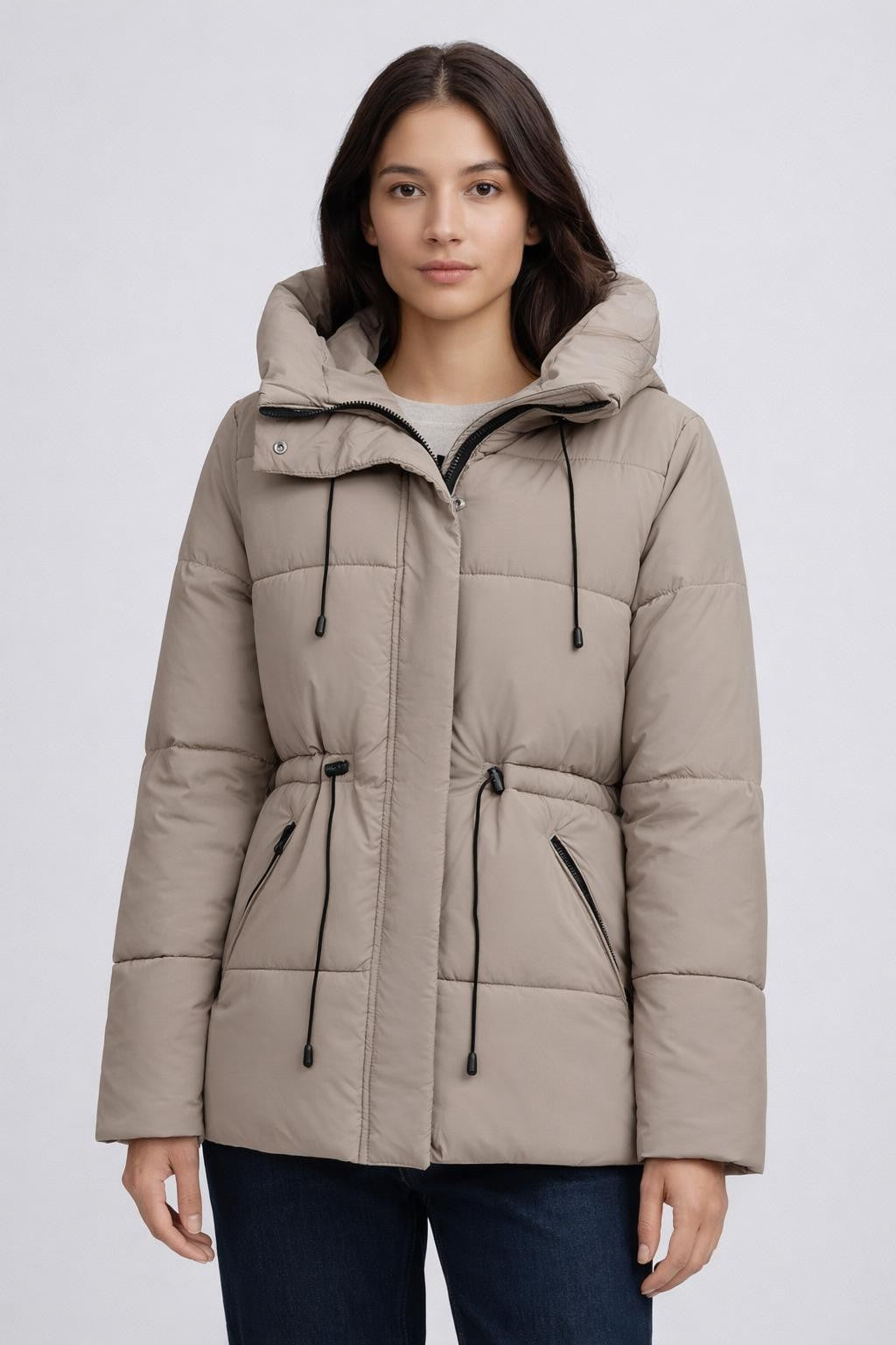Quilted Waist-Adjustable Winter Jacket - Brown