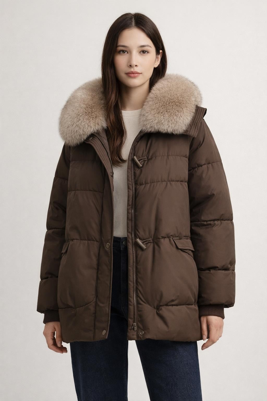 Brown Quilted Puffer Jacket with Detachable Hood - Brown