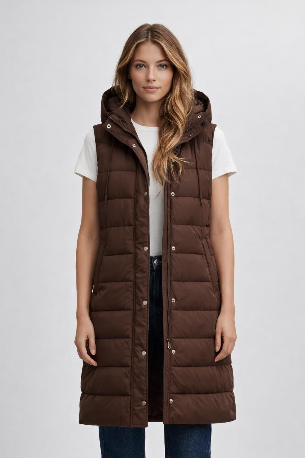 Quilted Hooded Sleeveless Vest - Brown