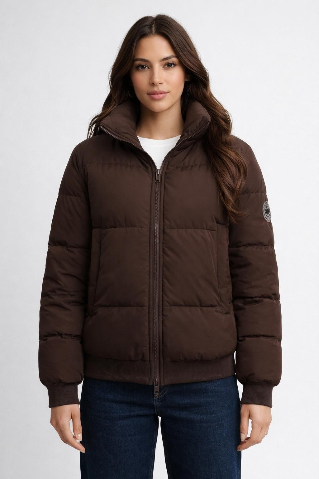 Padded Stand Collar Commuter Jacket - Brown