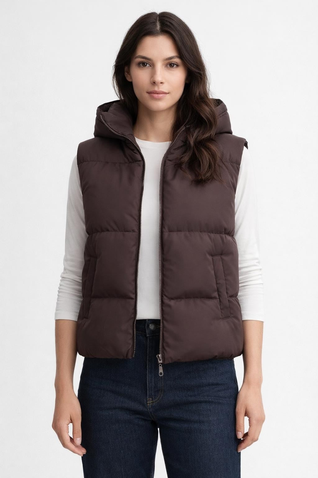Brown Zip-Up Casual Vest - Brown