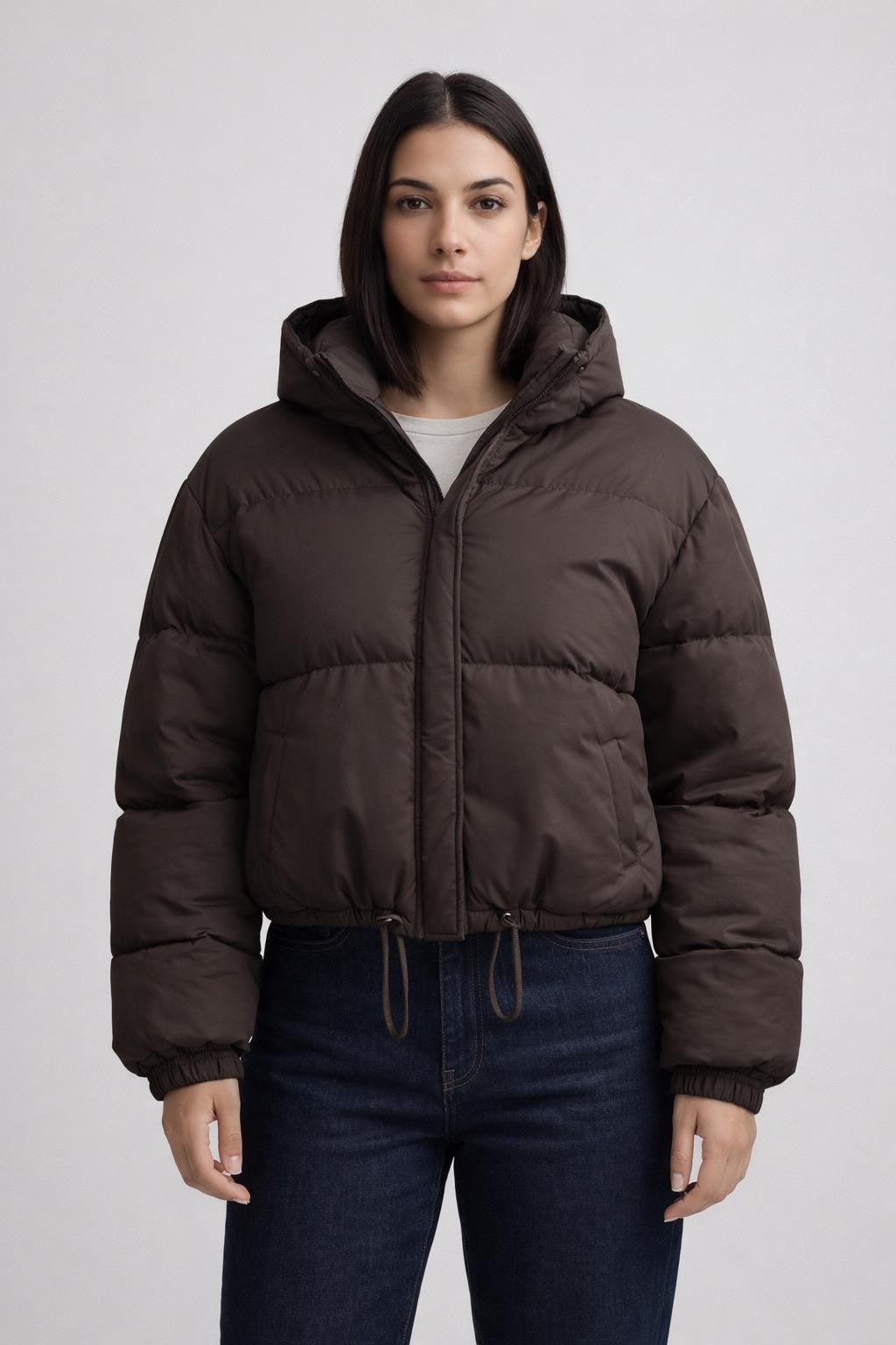Brown Puffer Jacket with Sleek Design - Brown