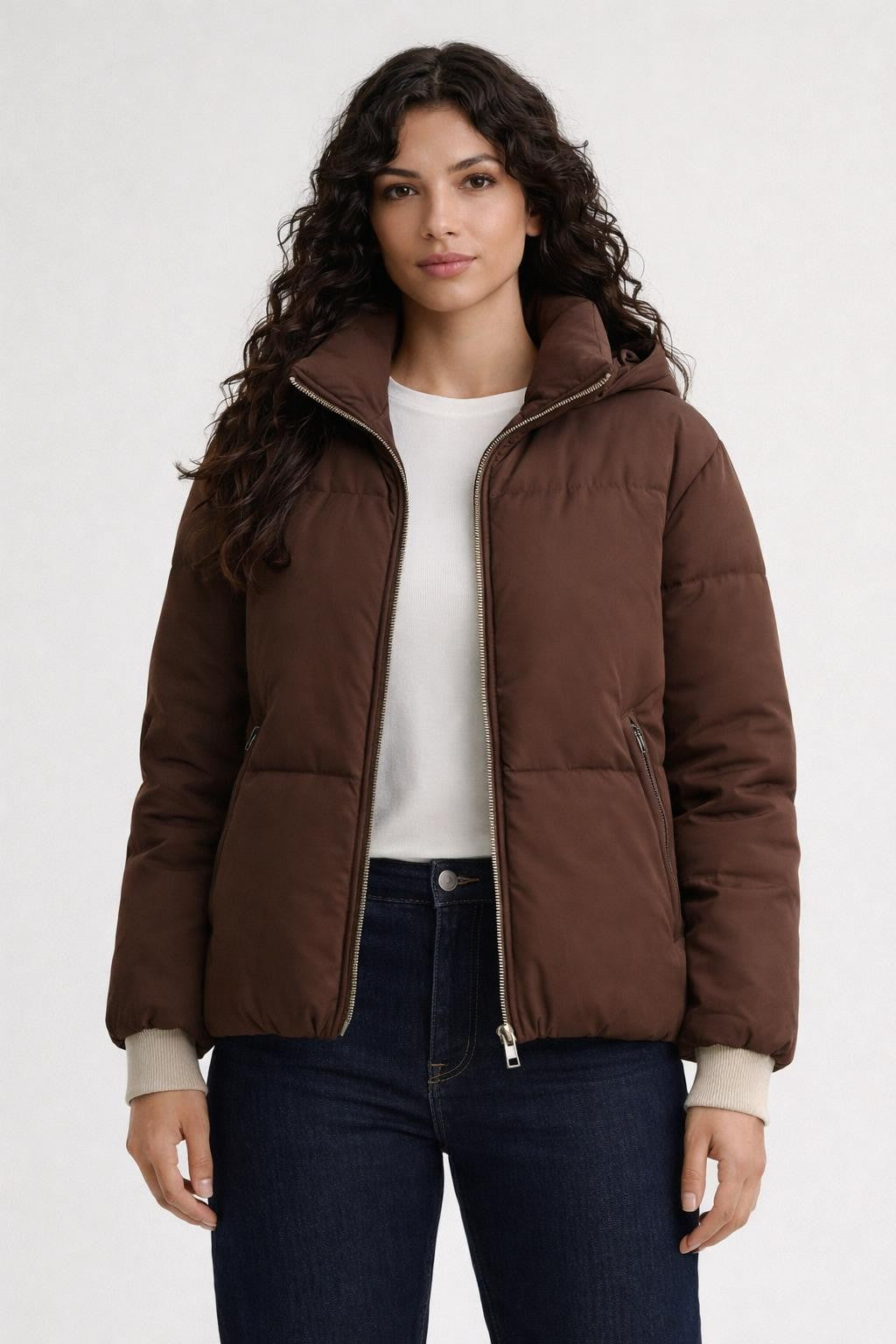 Padded Winter Jacket with Stand Collar - Brown