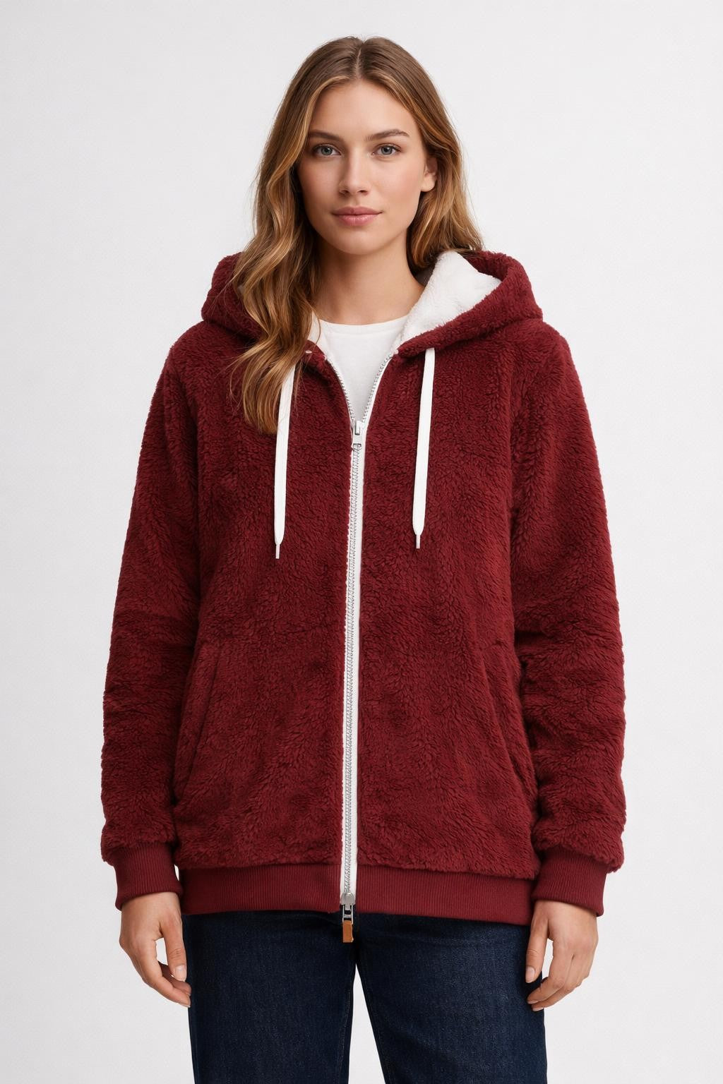 Fleece-Lined Zip-Up Jacket - Burgundy