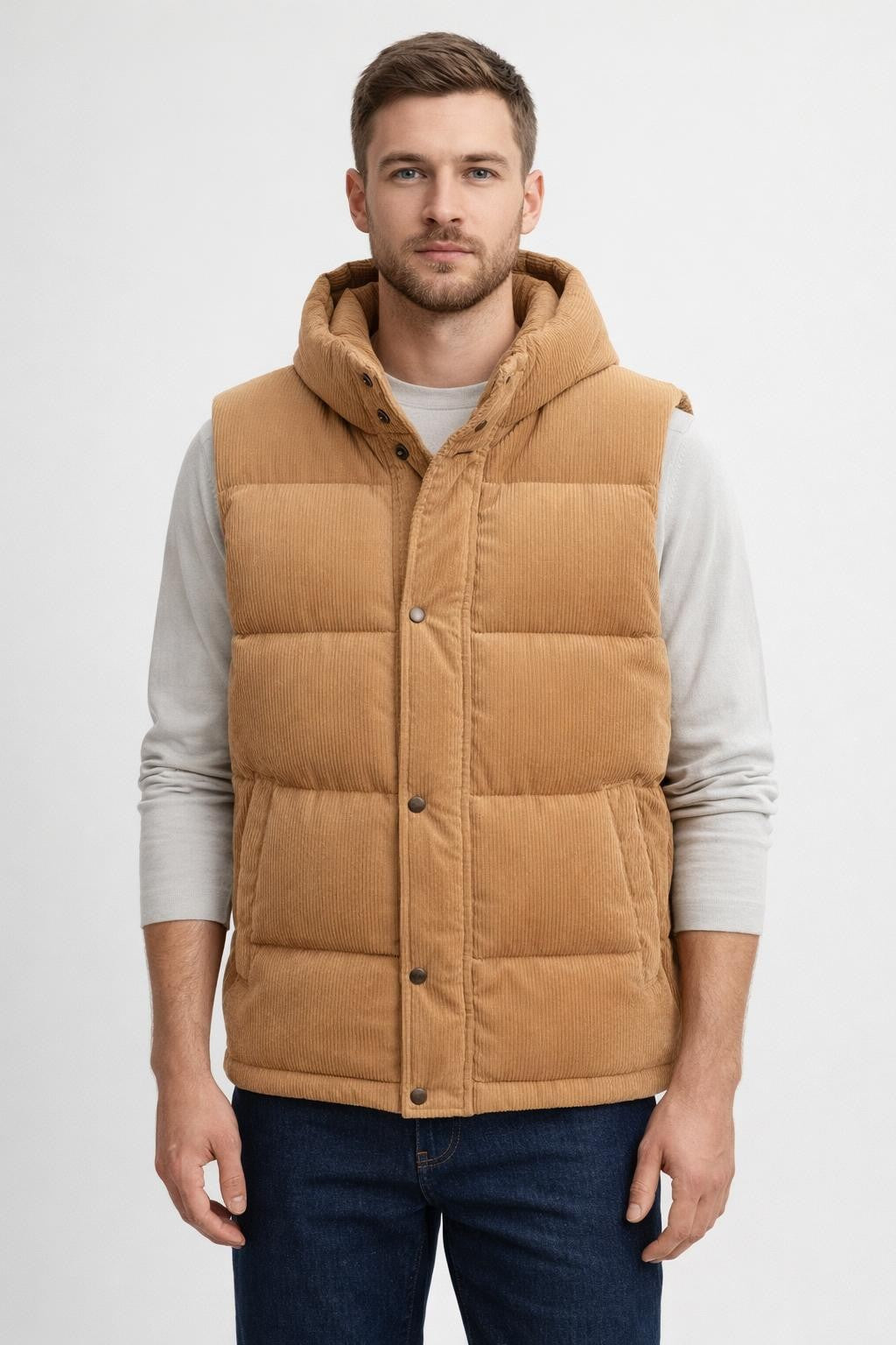 Men's Thickened Winter Vest with Corduroy Lining - Camel