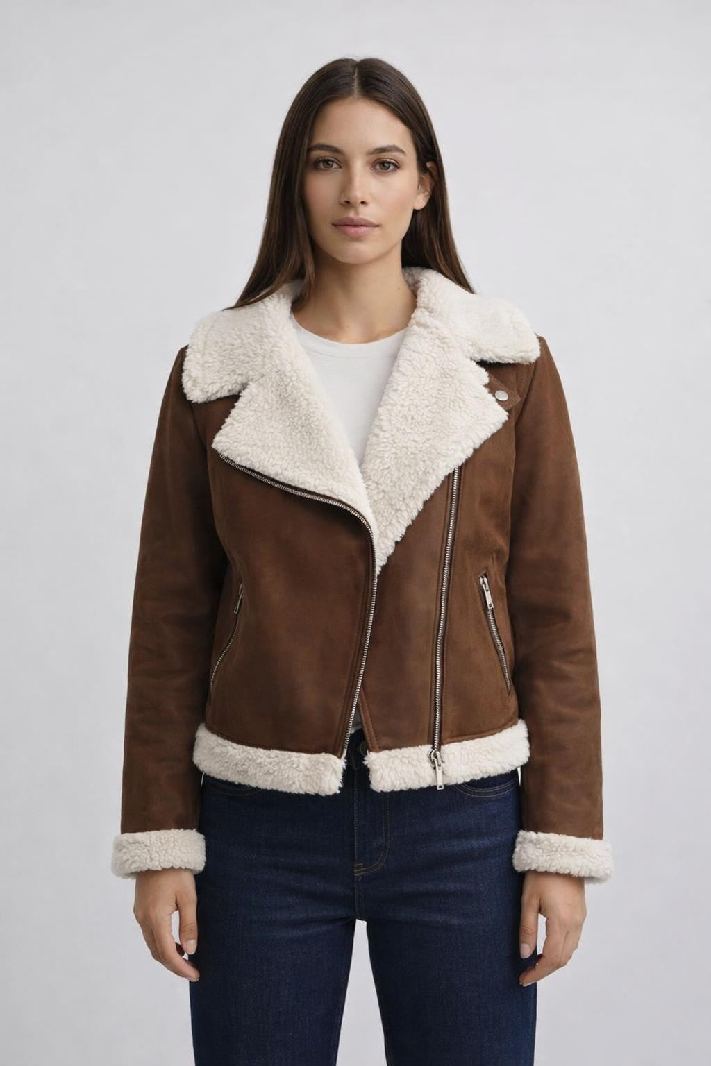 Casual Long-Sleeve Fleece-Lined Jacket - Coffee
