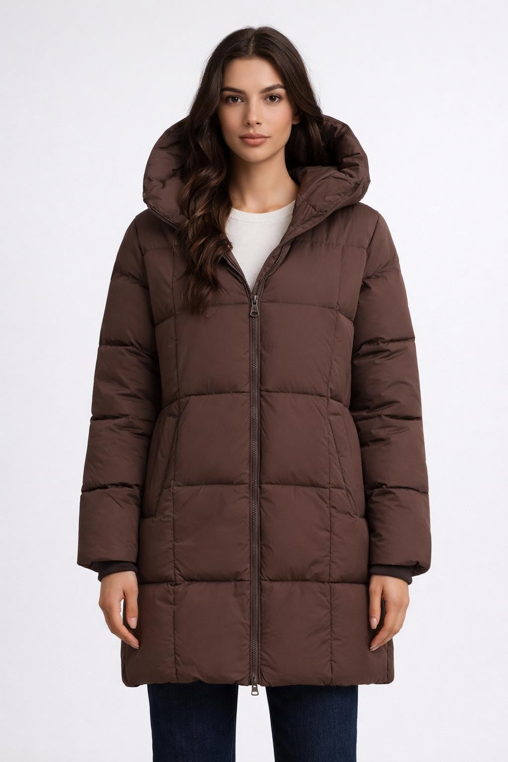Mid-Length Quilted Coffee Jacket - Coffee