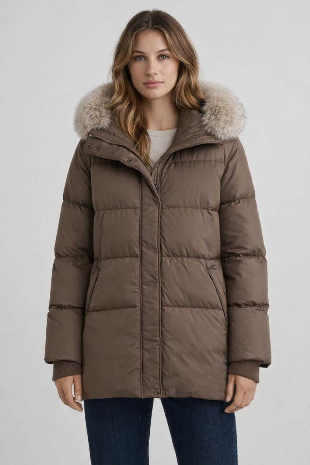 Puffer Jacket with Detachable Hood - Coffee