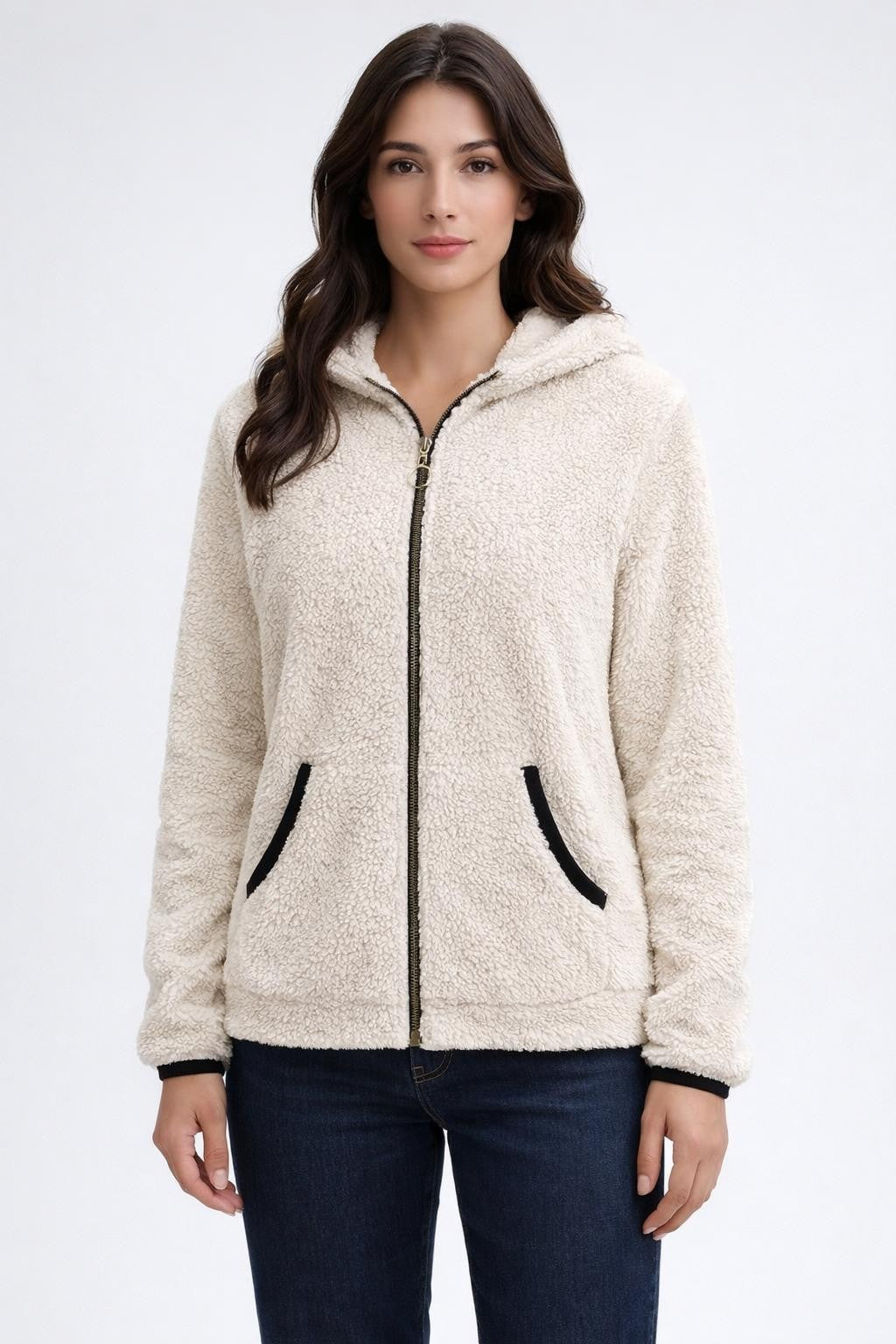 Plush Colorblock Zip-Up Jacket - Cream