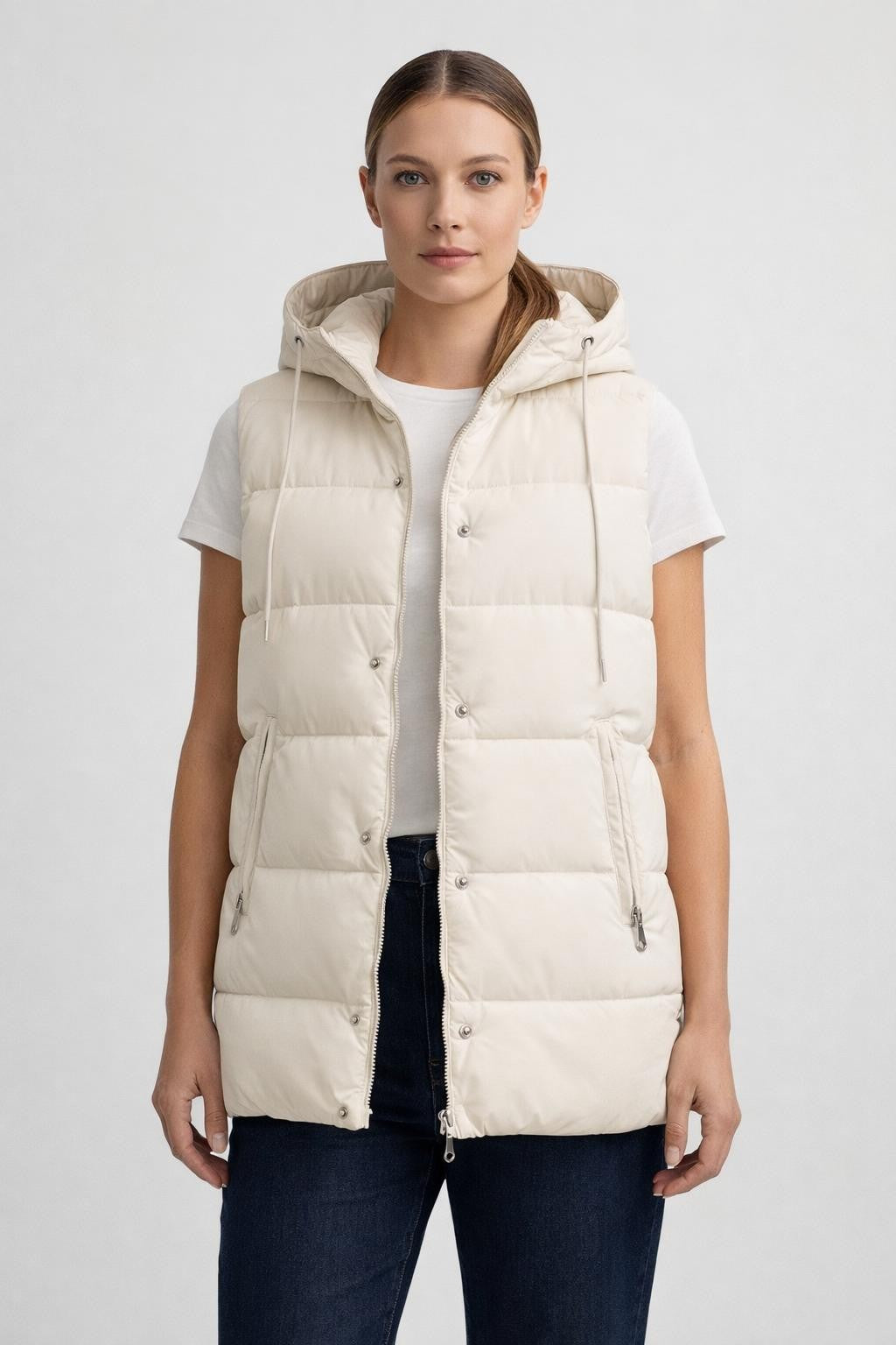 Padded Long Vest with Drawstring Waist - Cream