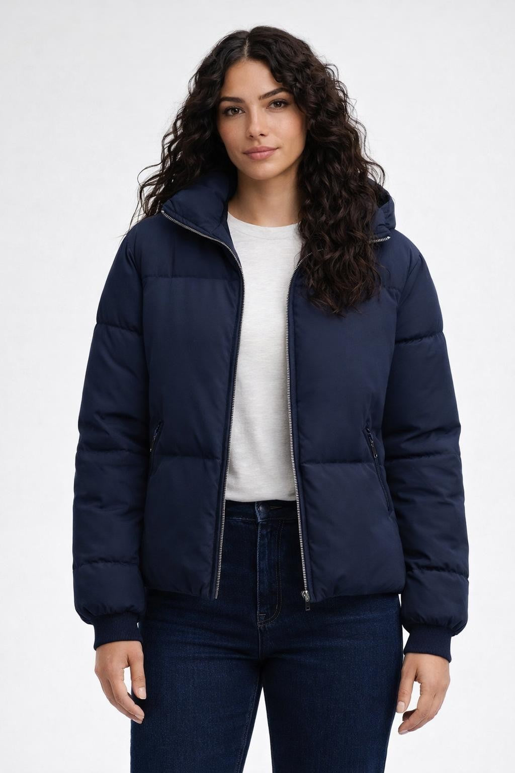 Padded Winter Jacket with Stand Collar - Dark Blue