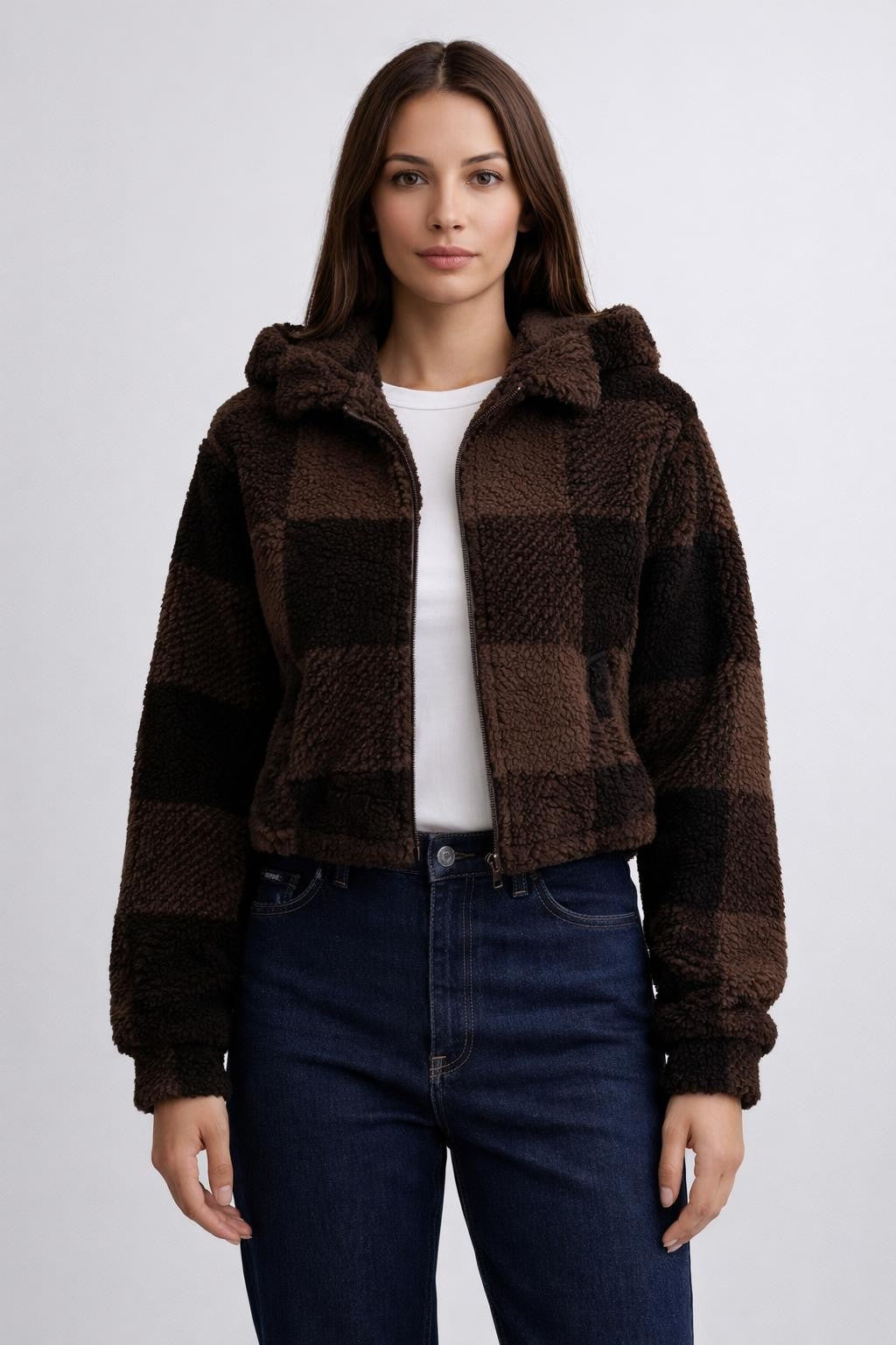 Plaid Zip-Up Strapless Jacket - Dark Brown