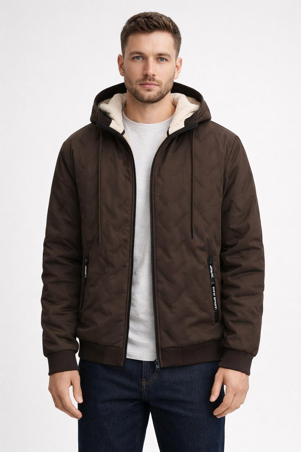 Men's Padded Winter Jacket with Zipper - Dark Brown