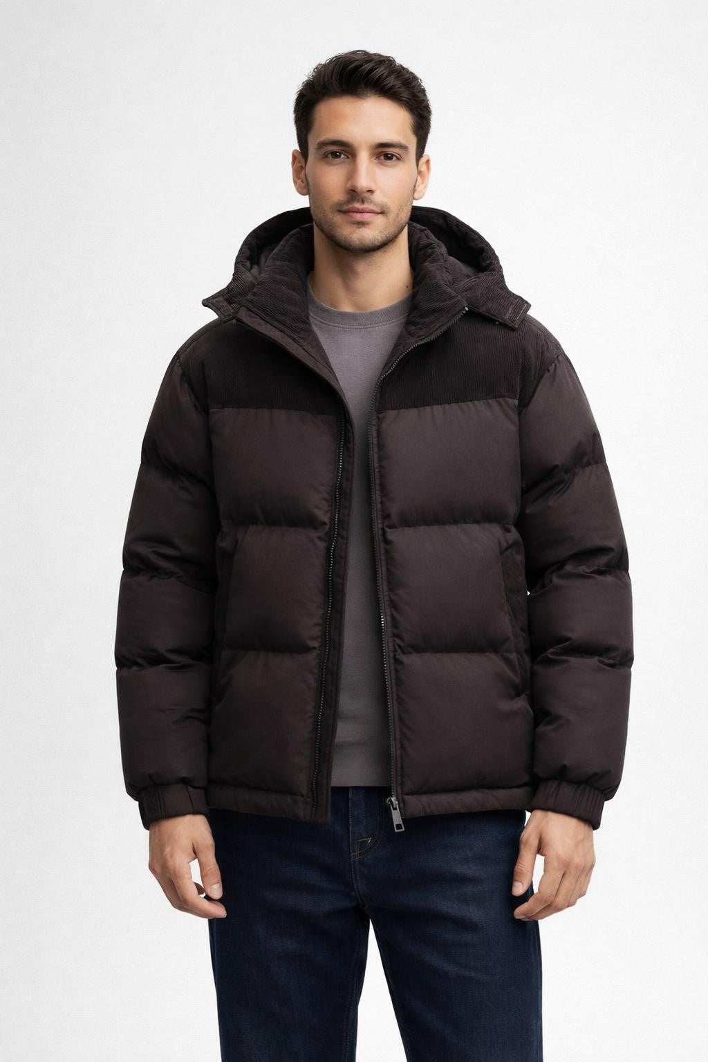 Men's Warm Zip-Up Winter Jacket - Dark Brown