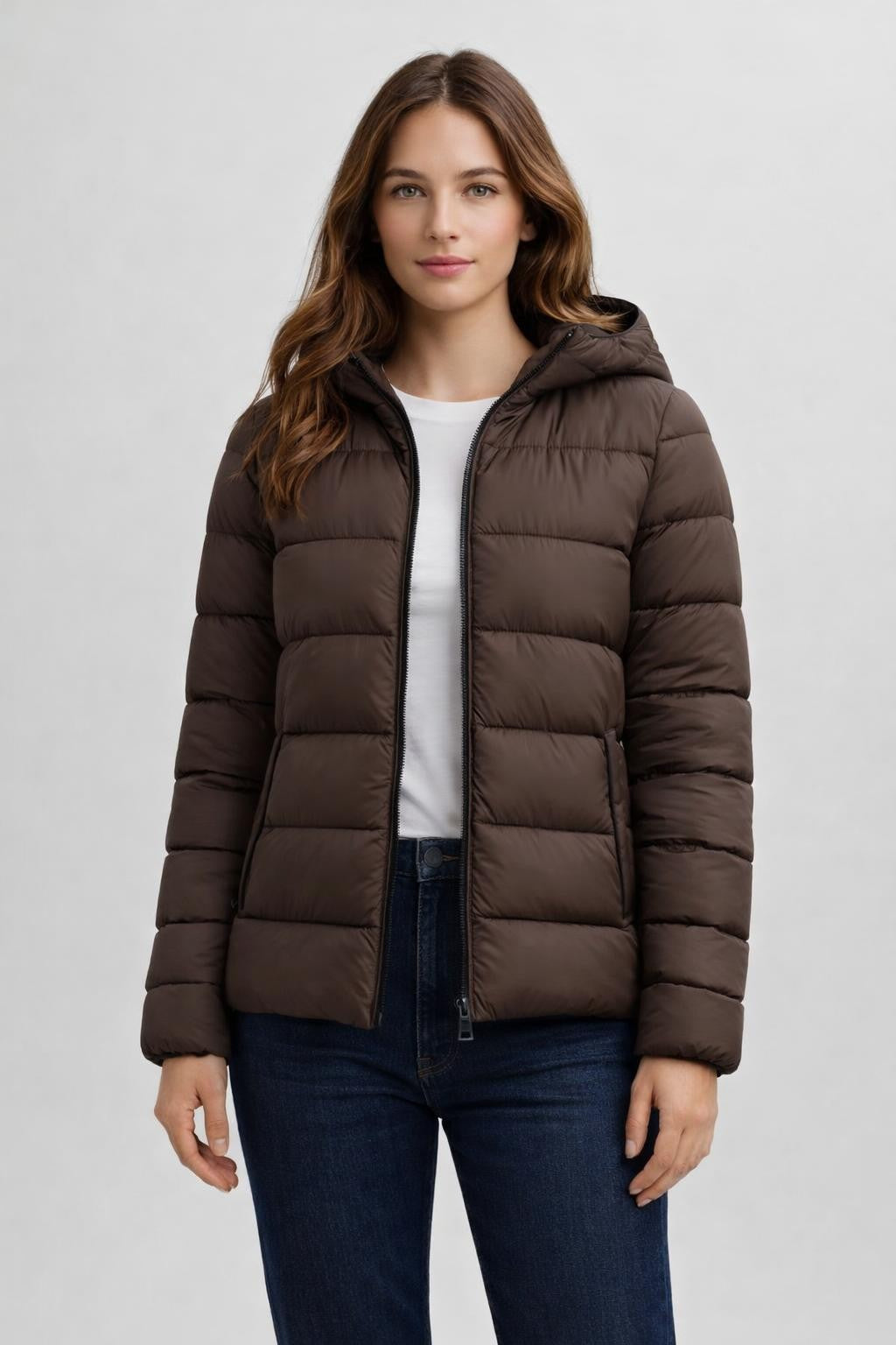 A-Line Winter Jacket with Stand Collar - Dark Brown