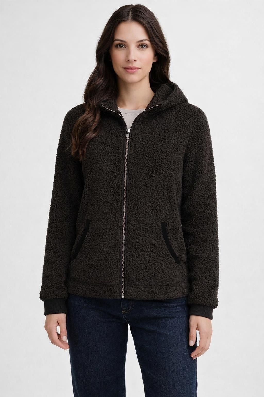 Plush Colorblock Zip-Up Jacket - Dark Brown