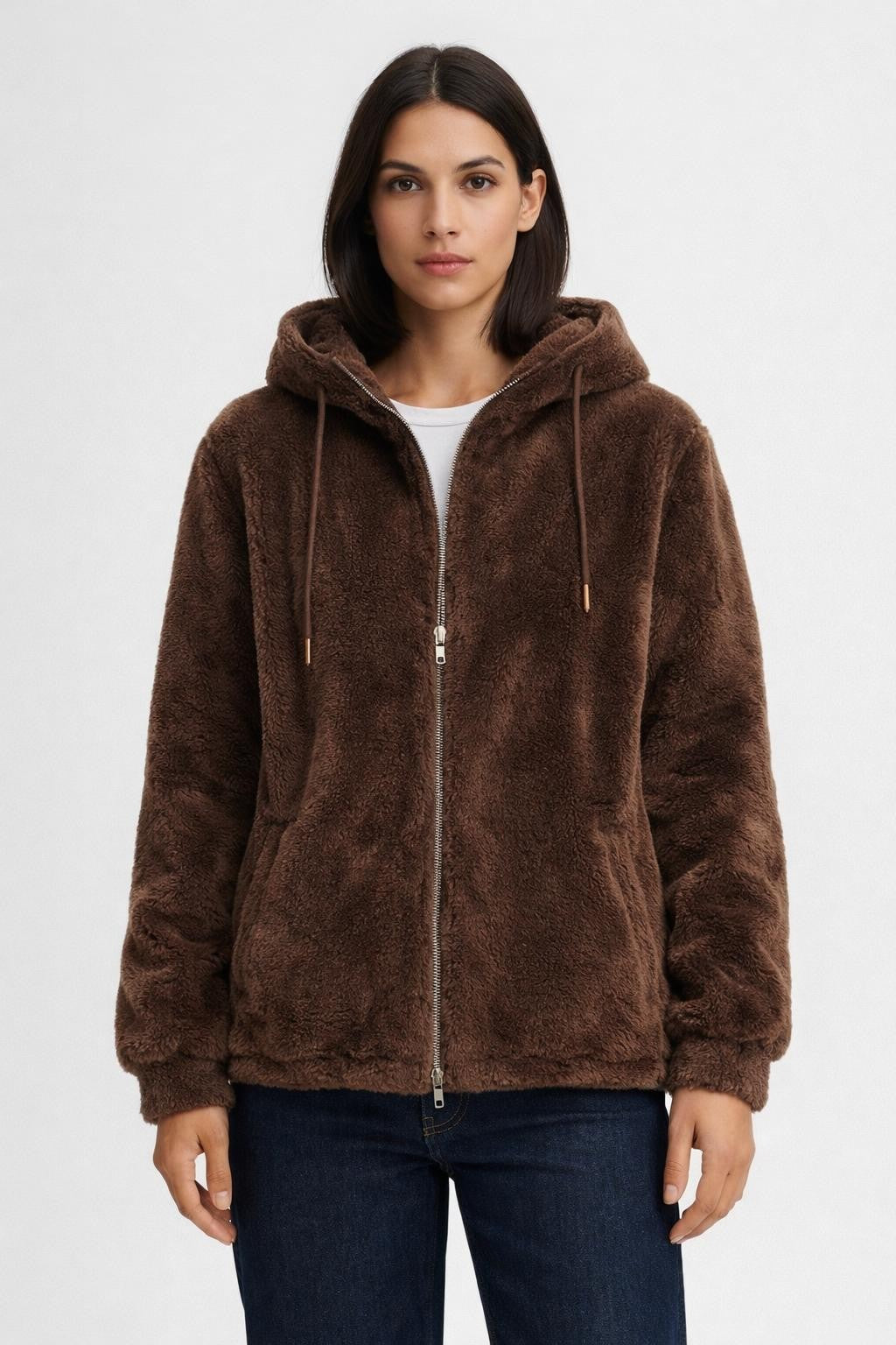 Plush Zip-Up Coat with Stand Collar - Dark Brown