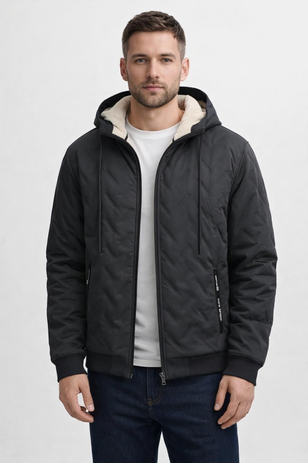 Men's Padded Winter Jacket with Zipper - Dark Gray
