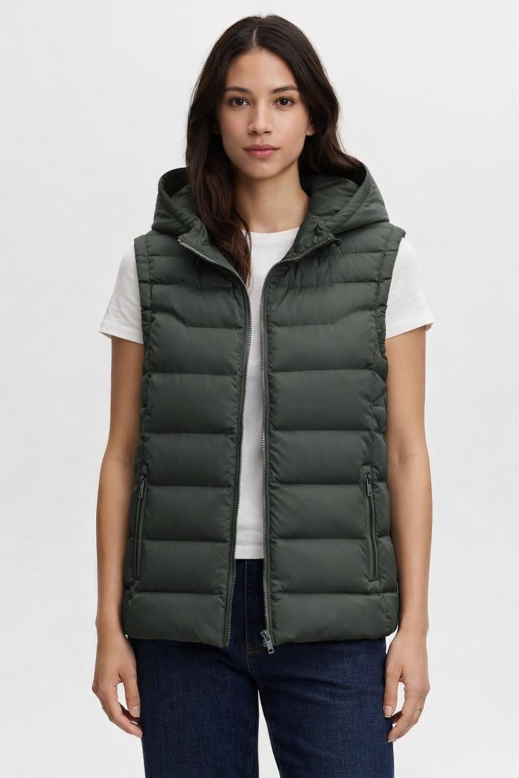 Insulated Outdoor Vest with Pockets - Dark Green