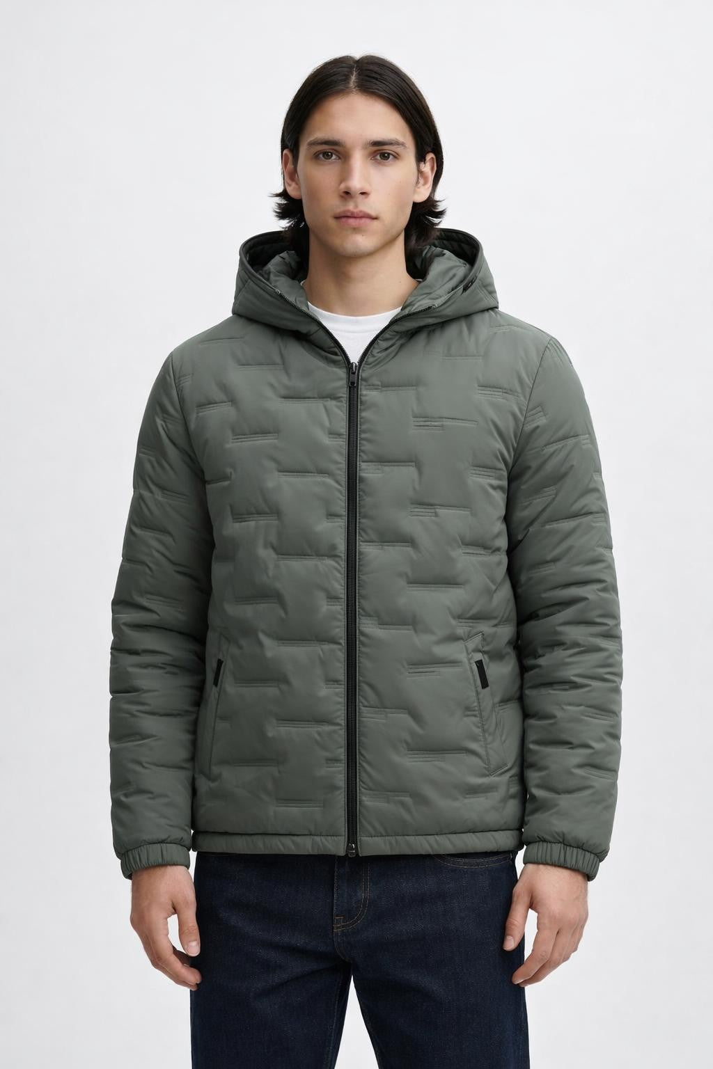 Men's Quilted Athletic Winter Jacket - Dark Green