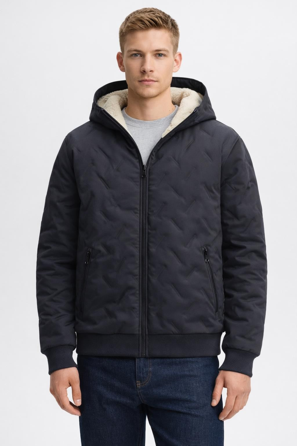 Men's Fleece-Lined Quilted Jacket - Dark Grey