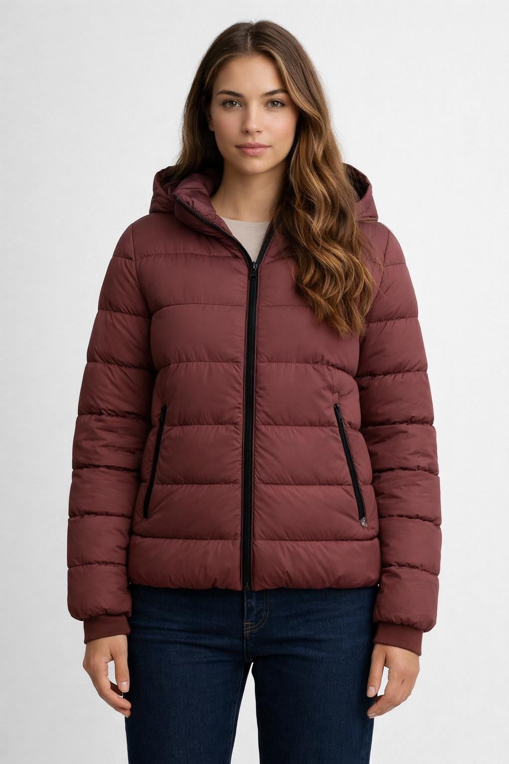 A-Line Winter Jacket with Stand Collar - Dark Red