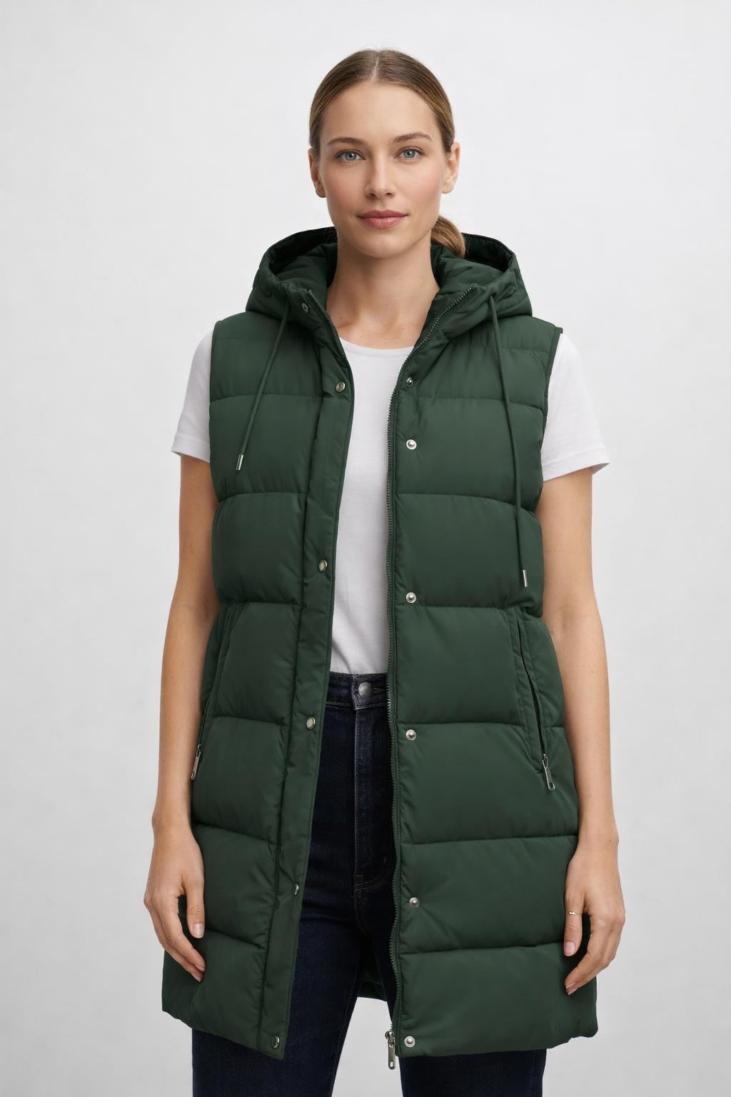 Padded Long Vest with Drawstring Waist - Dusty Green