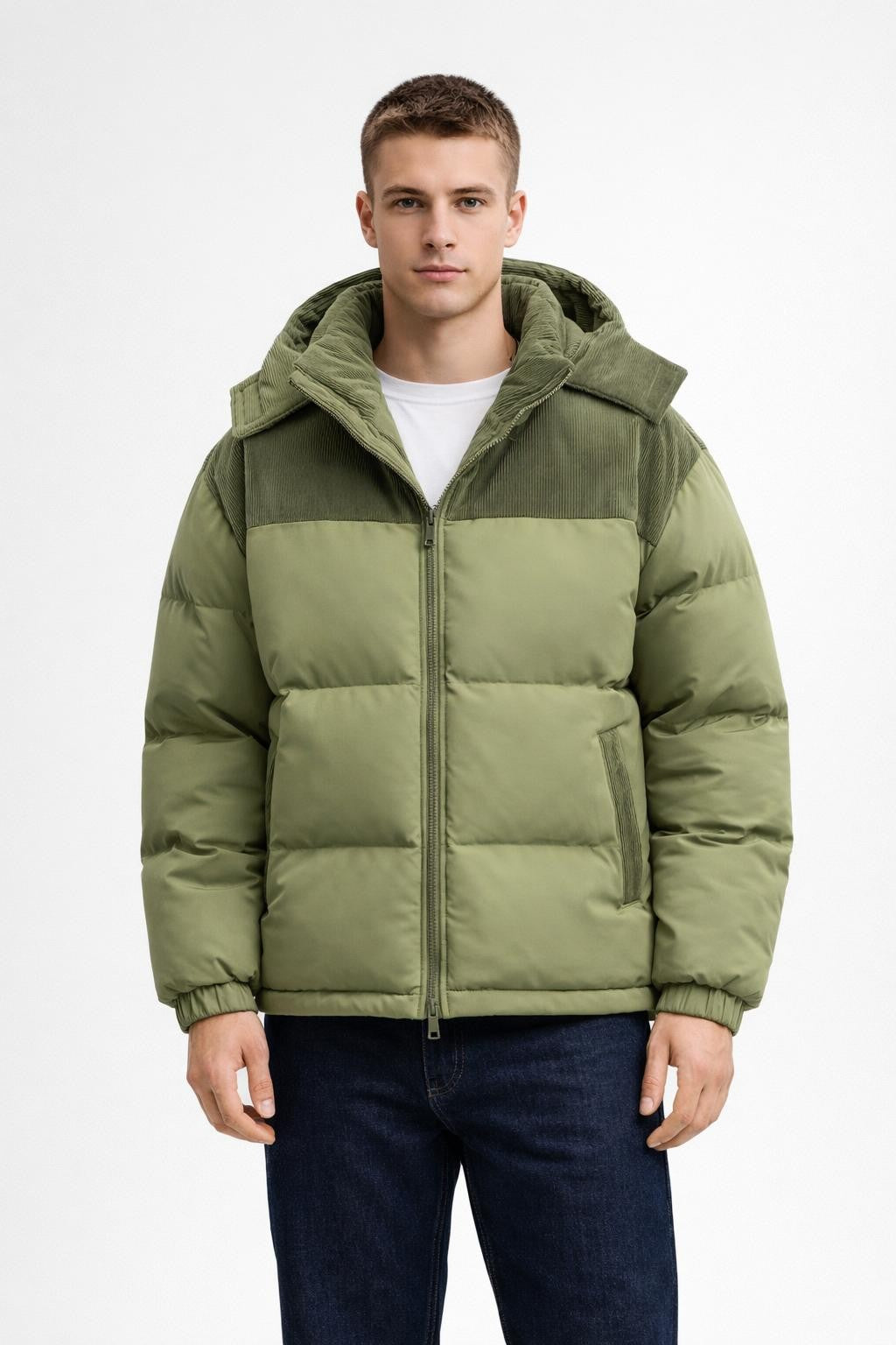 Puffer Jacket with Removable Hood - Dusty Green