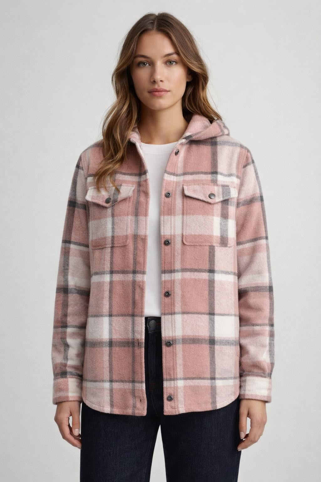 Checked Fleece-Lined Hooded Shirt Jacket - Dusty Pink Check